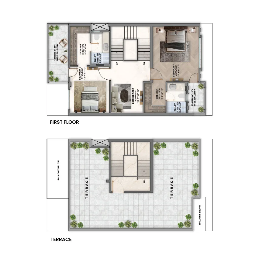 Type A 3 BHK Duplex Villa, Sahu Kalpana North Avenue — Type A first floor and terrace plan