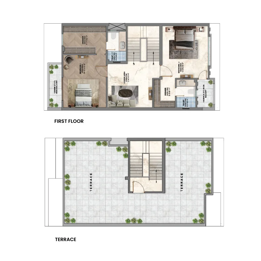 Type B 3 BHK Duplex Villa, Sahu Kalpana North Avenue — Type B first floor and terrace plan