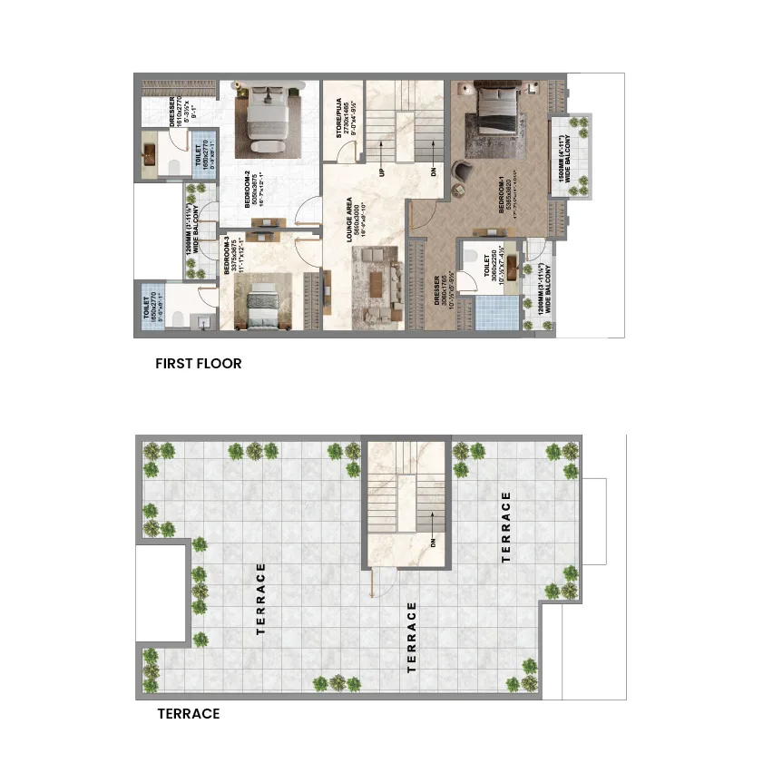 Type C 4 BHK Duplex Villa, Sahu Kalpana North Avenue — Type C first floor and terrace plan